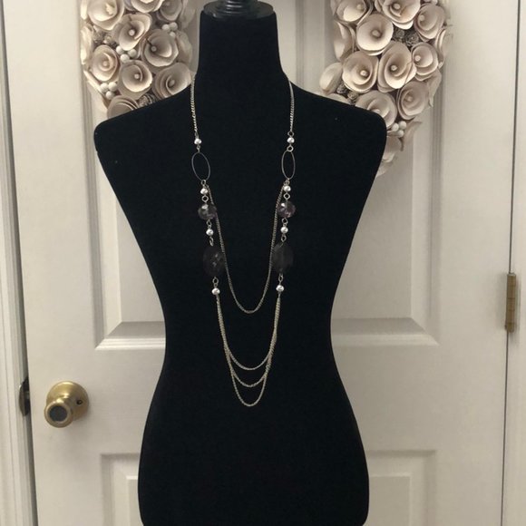 Jewelry - DONATED Layered long necklace, silver tone w/gems